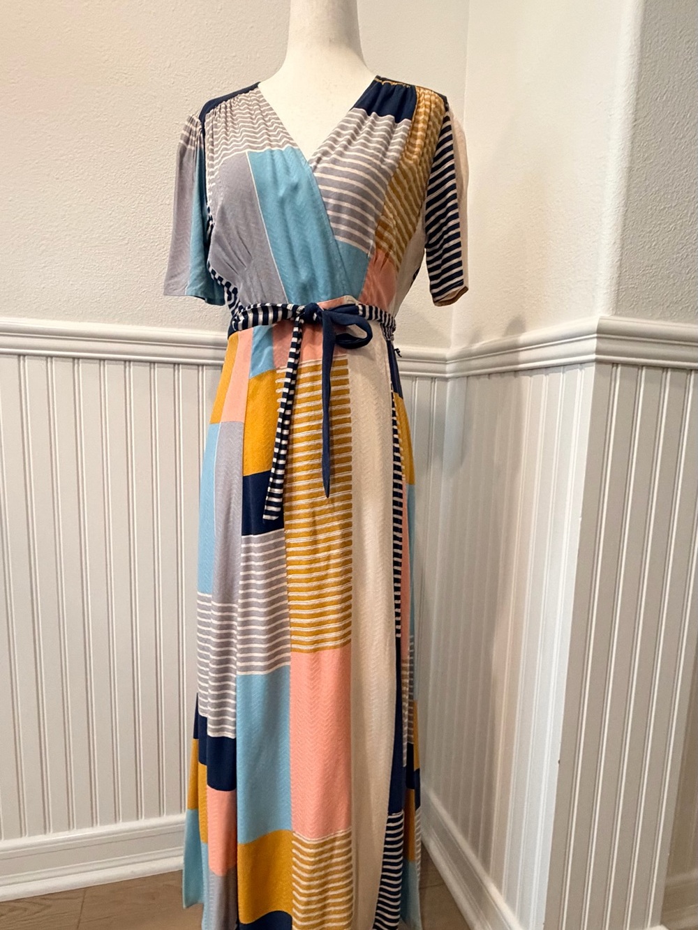 Anthropology/The Odells Patchwork Print Wrap Midi Dress in Blue, Pink & Mustard